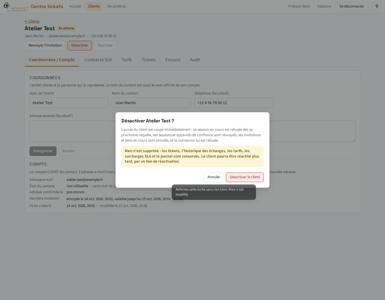 Confirmation de désactivation d’un compte client de démonstration, avec conservation des tickets et de l’historique